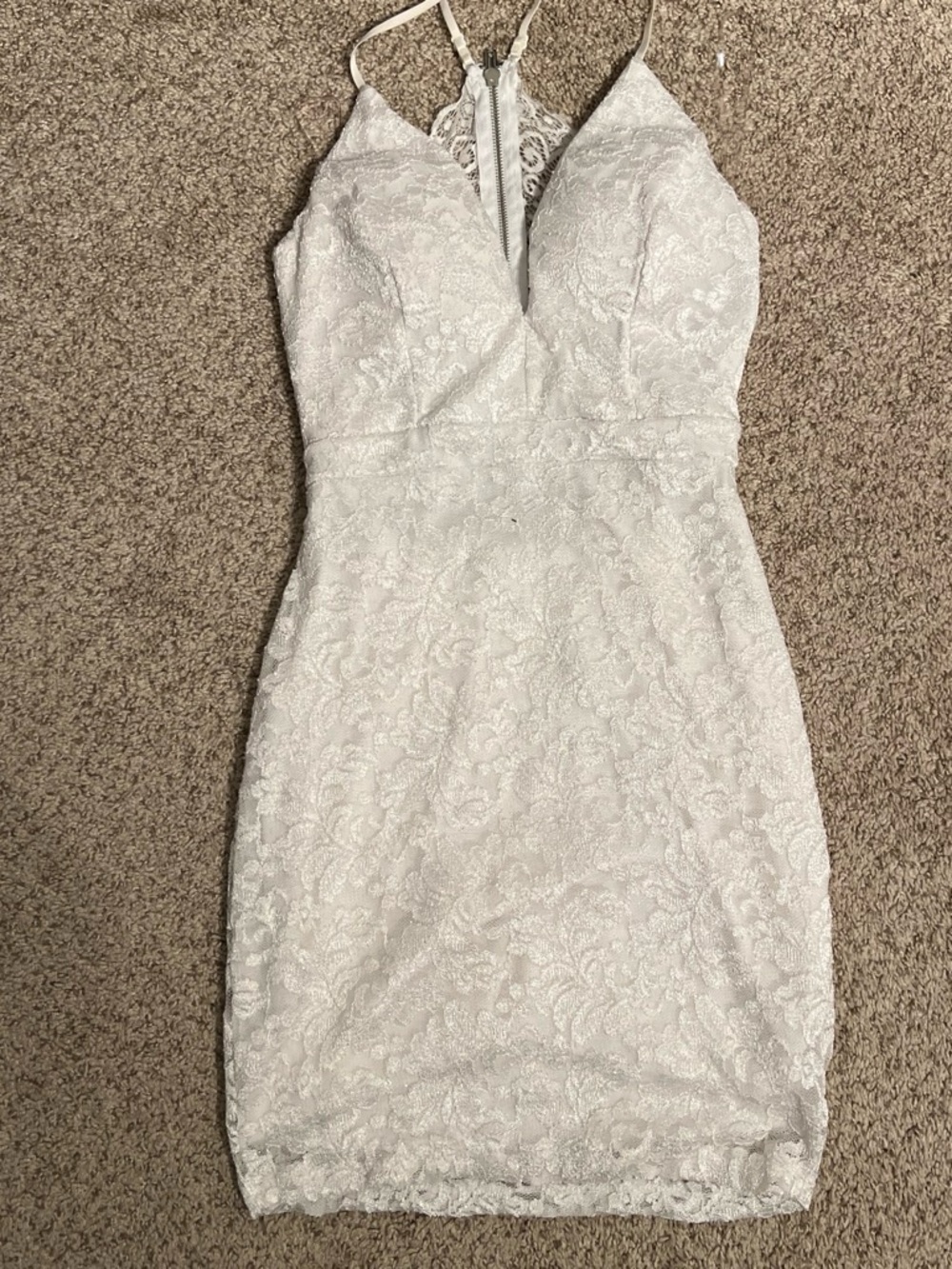 Sparkly White Lace Spaghetti Strap Bodycon Dress.